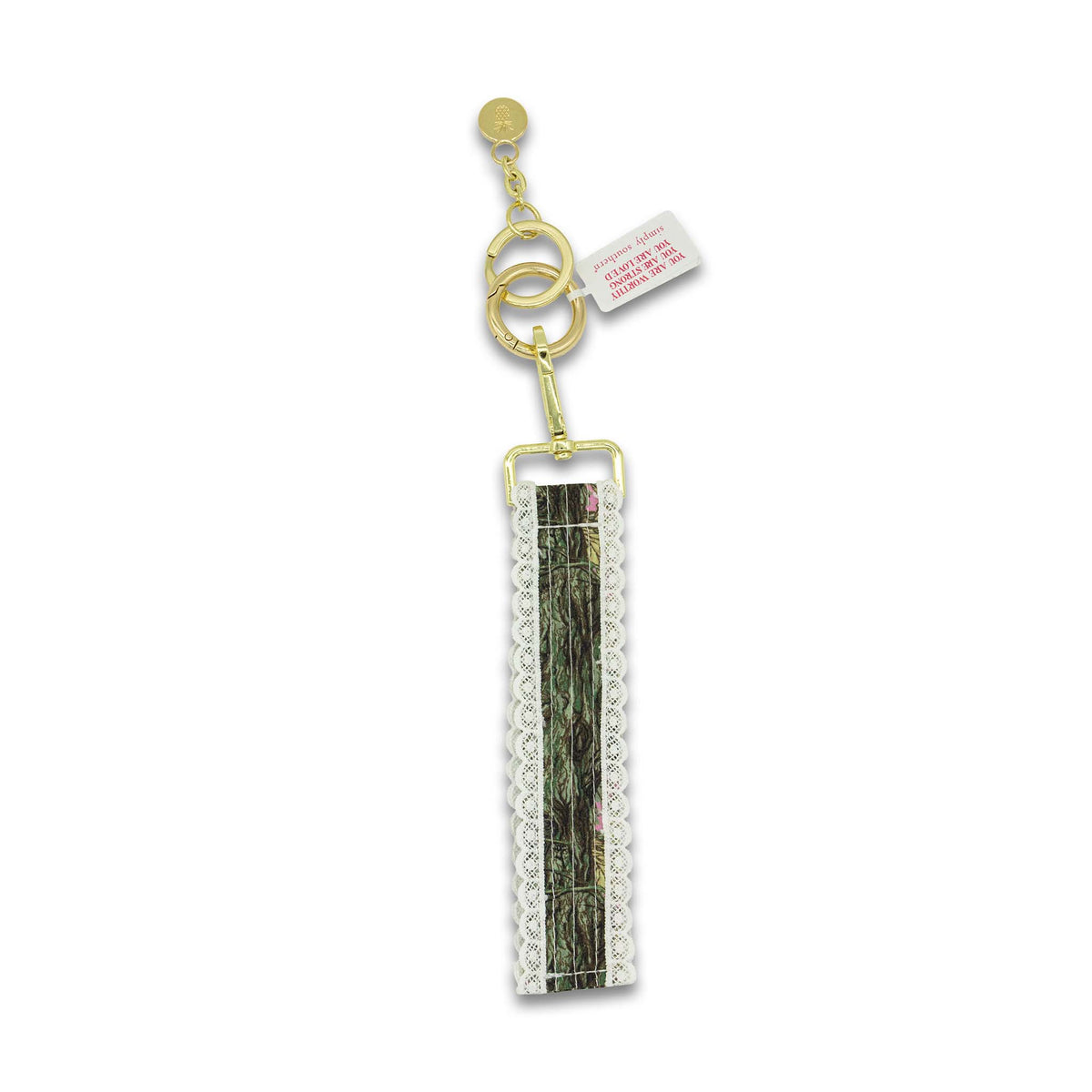 Camo printed keychain with lace trim.