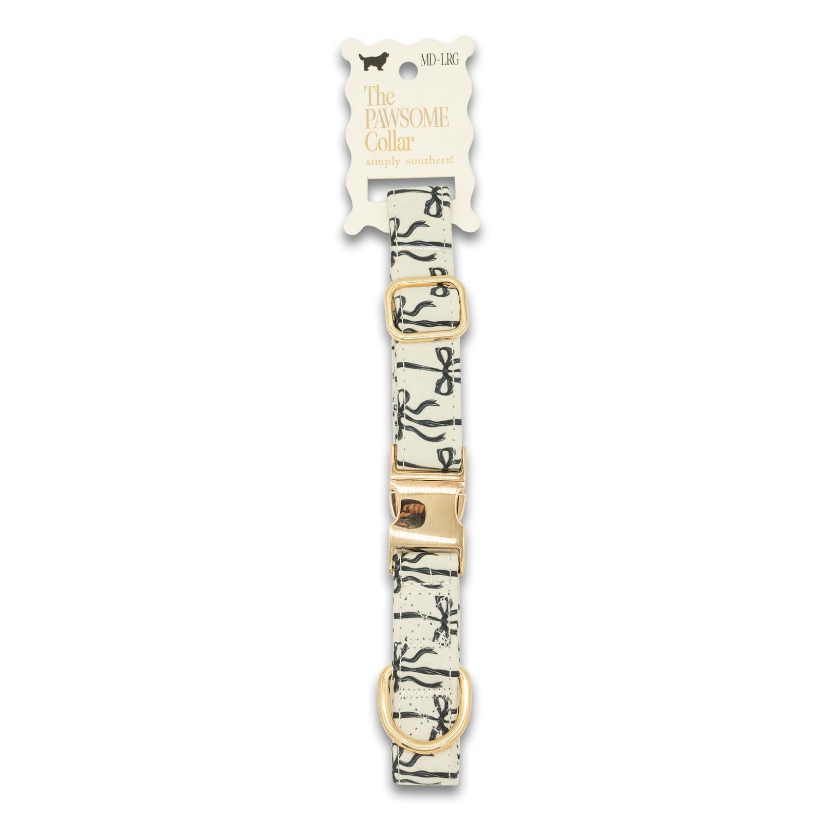 Dog collar with gold buckle and black and white pattern on a white background