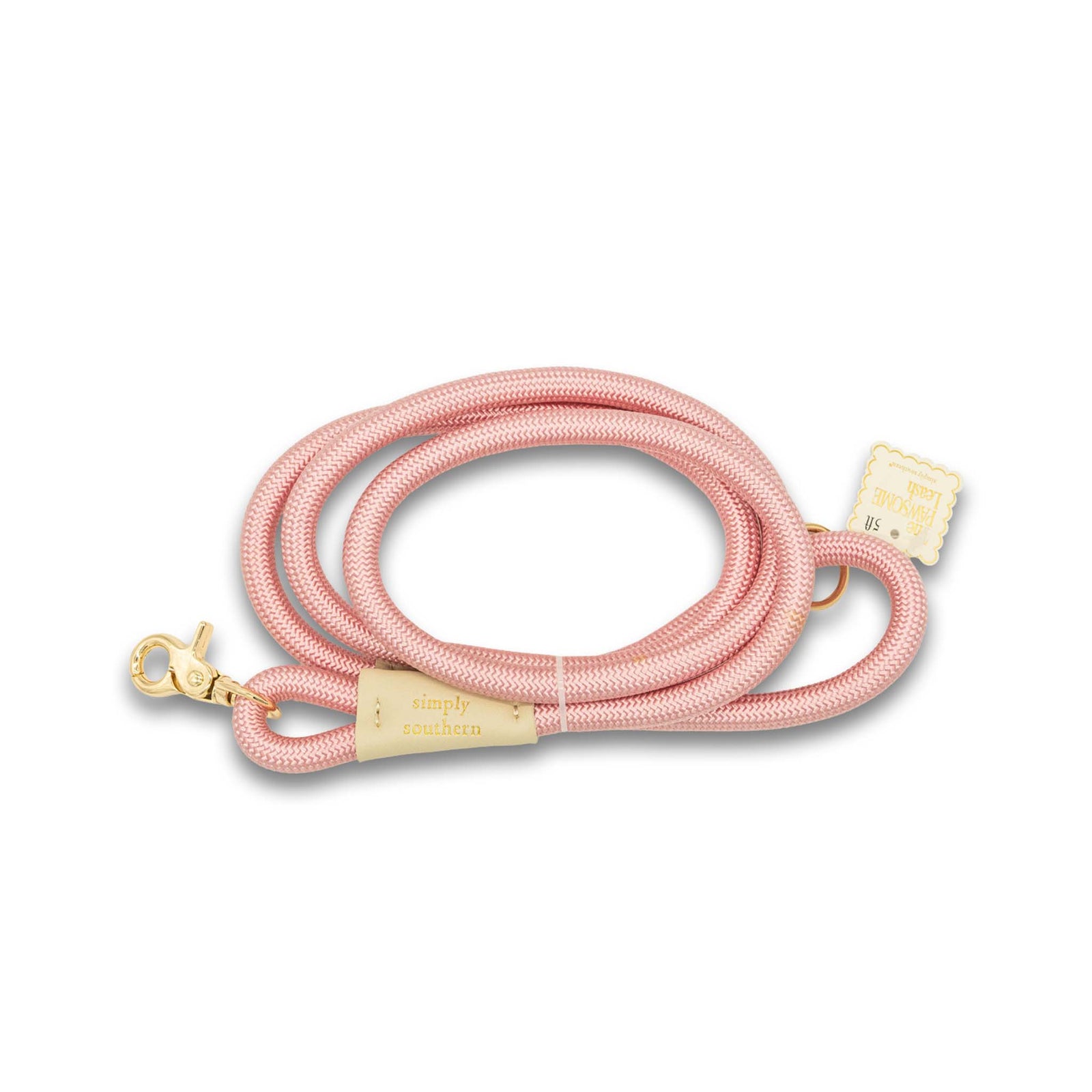 Light pink dog leash with gold hardware on a white background by Simply Southern