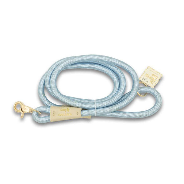 Light turquoise dog leash with gold clasp on a white background by simply southern.