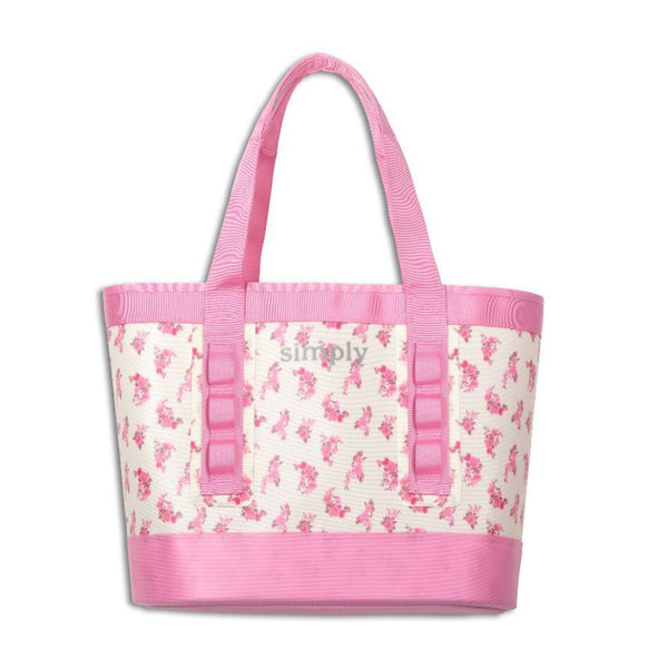 Pink and ivory tote bag with floral pattern and 'simply southern' branding shown on a white background.
