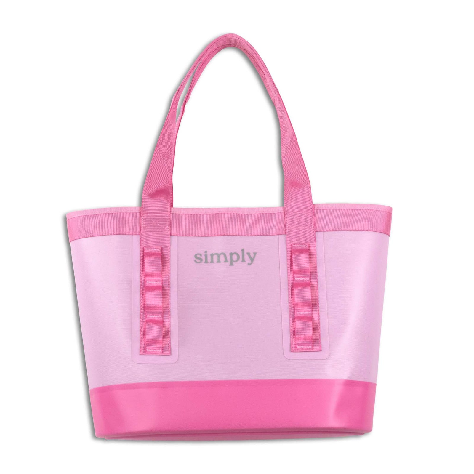 Pink tote bag with 'simply' branding text shown on a white background