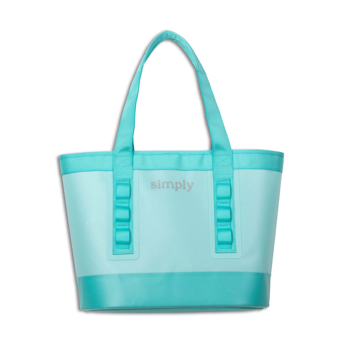 Turquoise tote bag with 'simply' branding text shown on a white background
