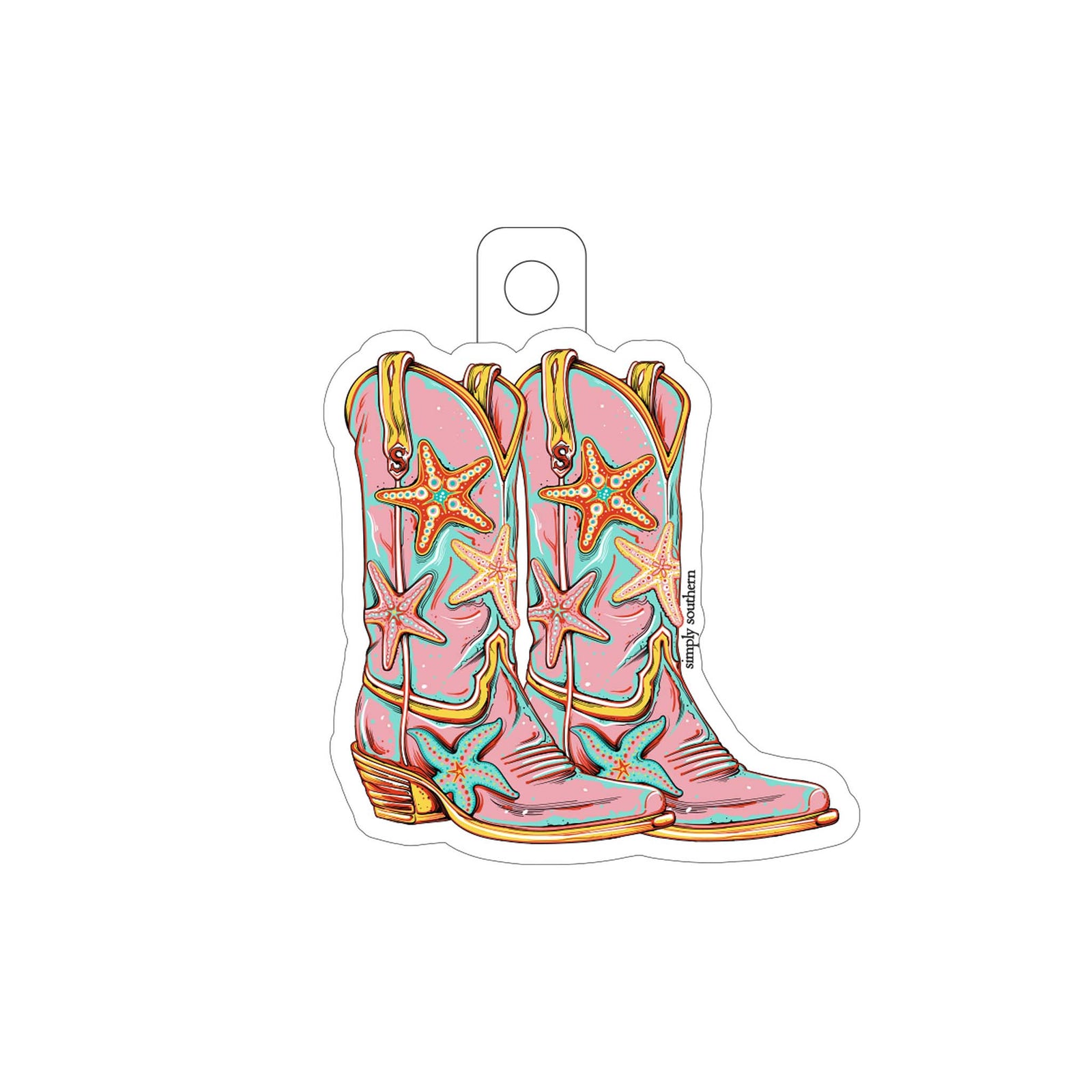 Pink cowboy boots with star designs on a white background