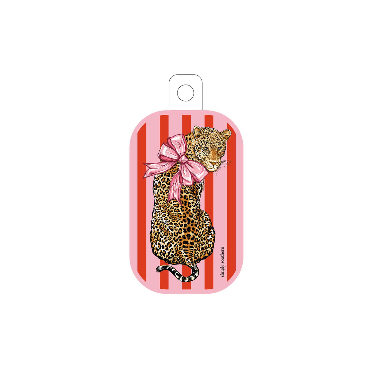 Leopard with a pink bow on a red and white striped background