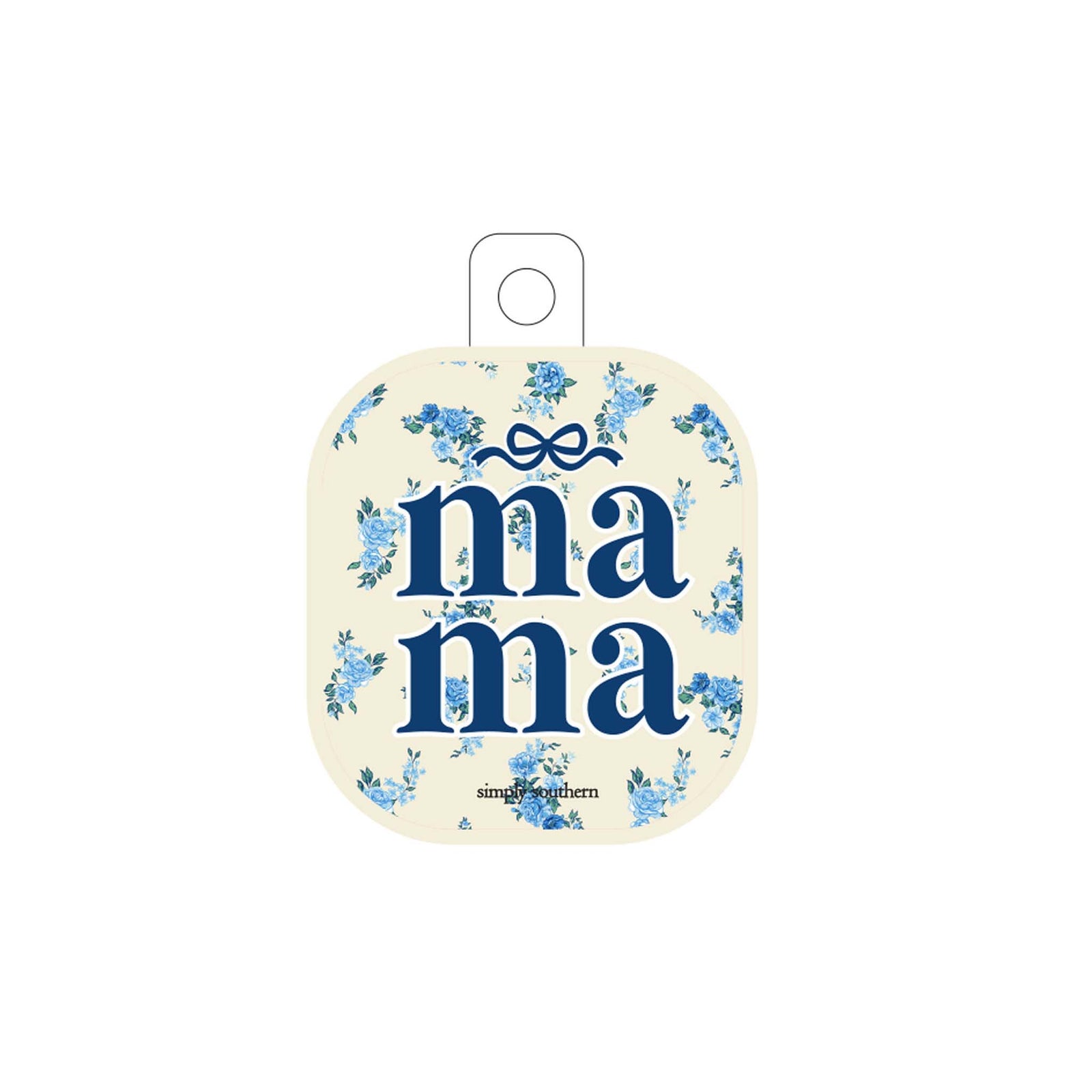 Decorative sticker with 'mama' text and blue floral design on a cream background