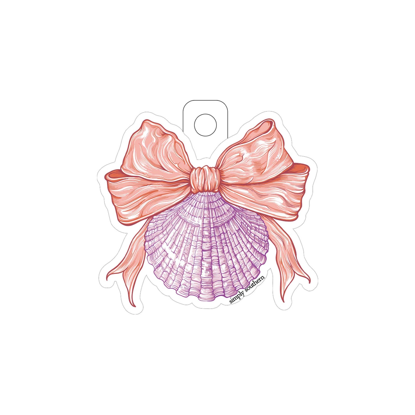 Sticker with a pink bow and purple seashell design on a white background