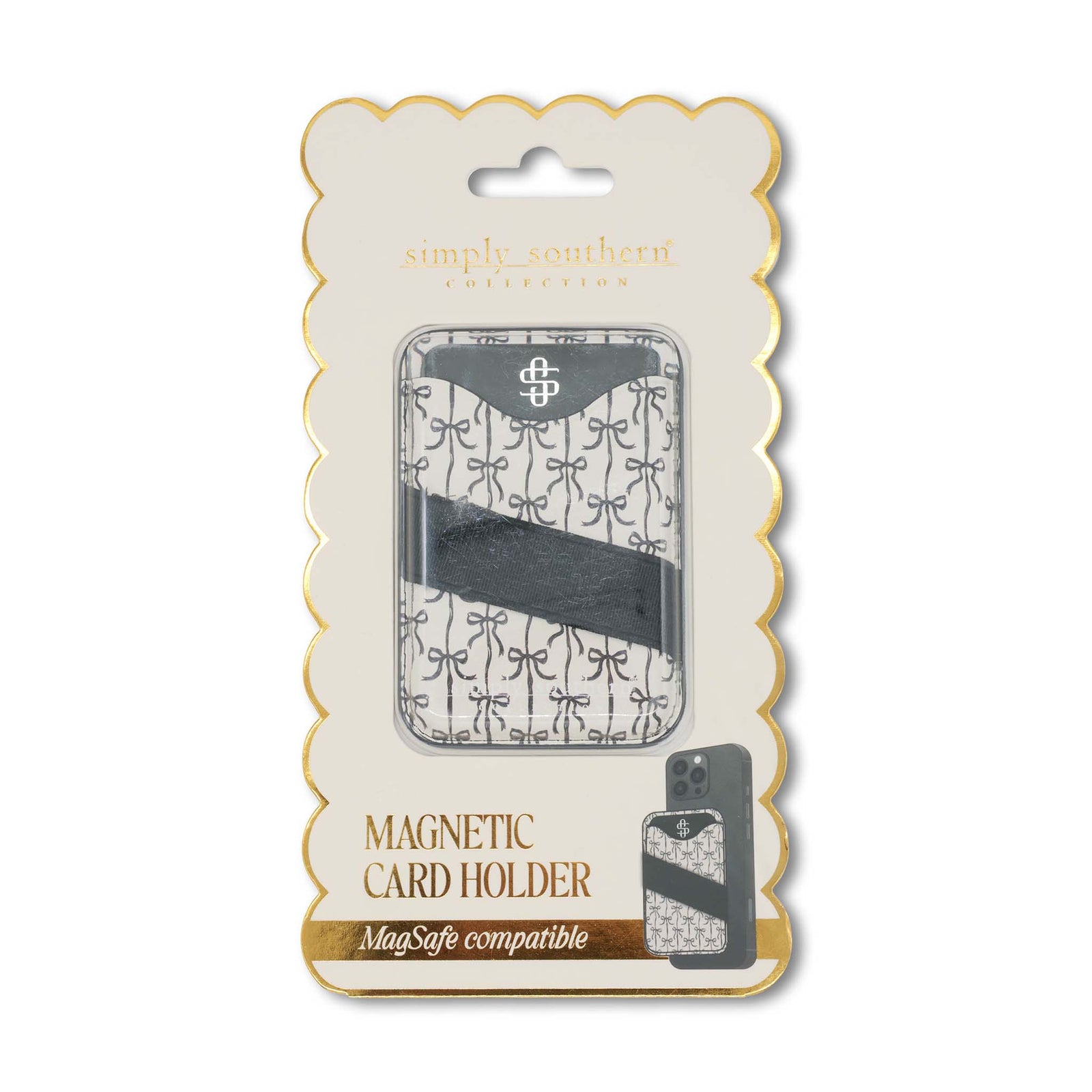 Magnetic card holder for phones shown in packaging.