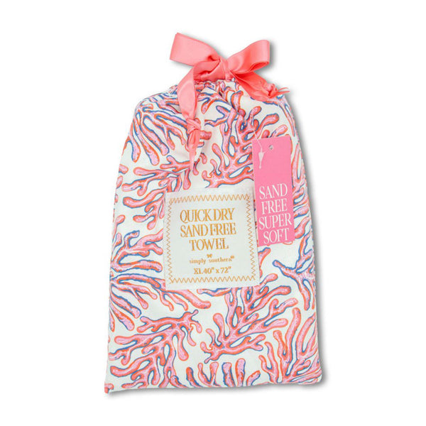 Patterned Pouch with colorful coral pattern containing a quick dry sand free towel measuring 40"x72" by Simply Southern