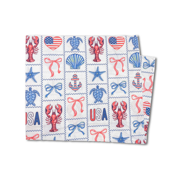 Patterned Simply Southern quick dry towel with red lobsters, blue turtles, pink bows, and USA text on a white background