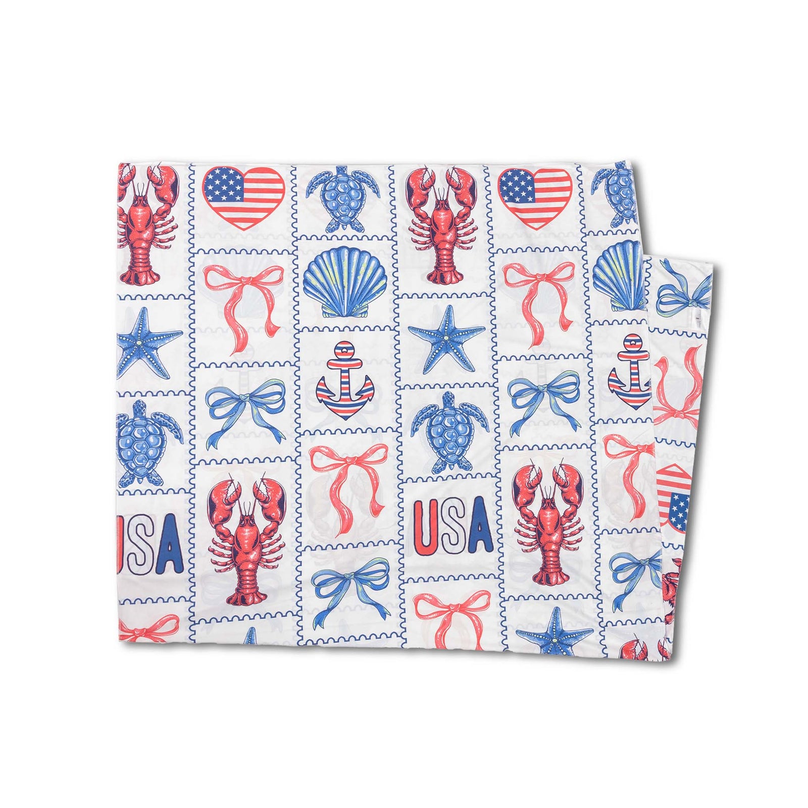 Patterned Simply Southern quick dry towel with red lobsters, blue turtles, pink bows, and USA text on a white background