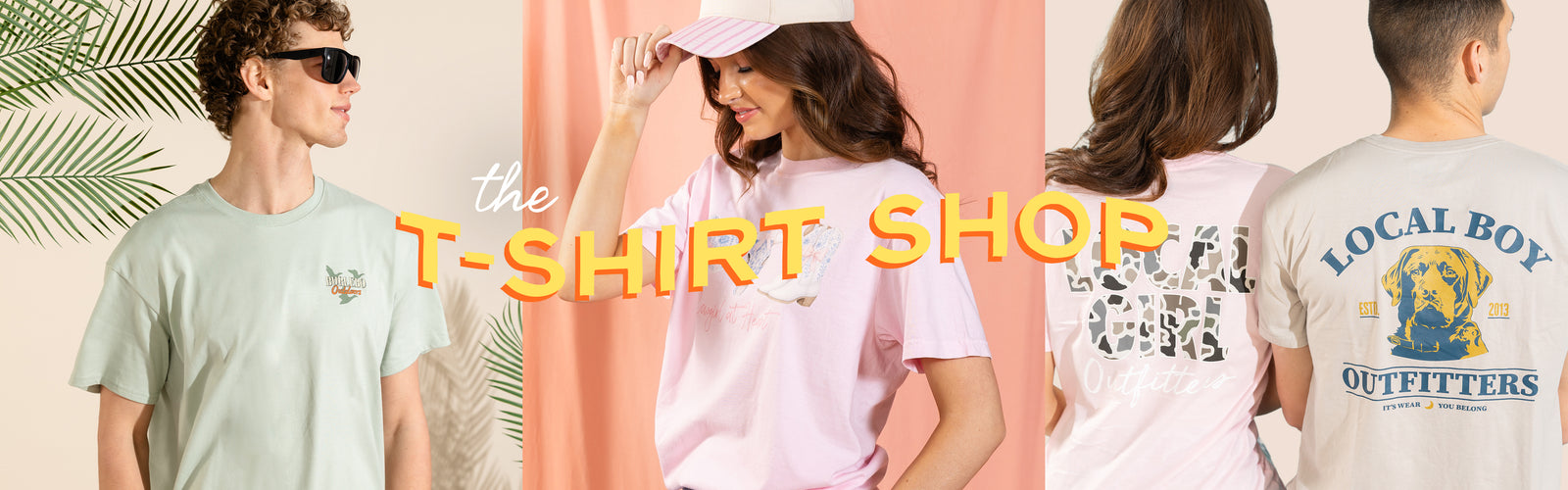 The T-Shirt Shop desktop banner featuring male model in green tee and female model in pink tee with additional back-view graphic tees displayed and bold retro orange headline text.
