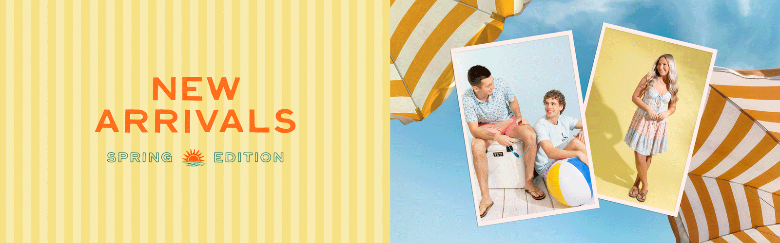 Spring New Arrivals desktop banner with “New Arrivals – Spring Edition” text on yellow stripes and lifestyle images that gif.