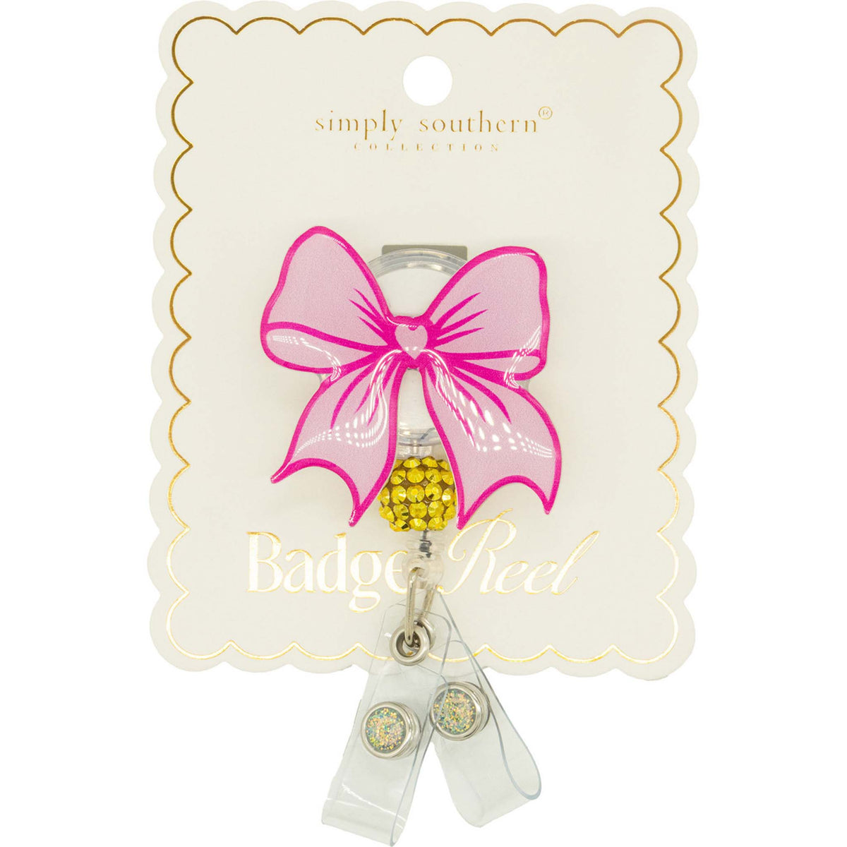 Simply Southern badge reel with bow design and sparkling bead accent on backing card.