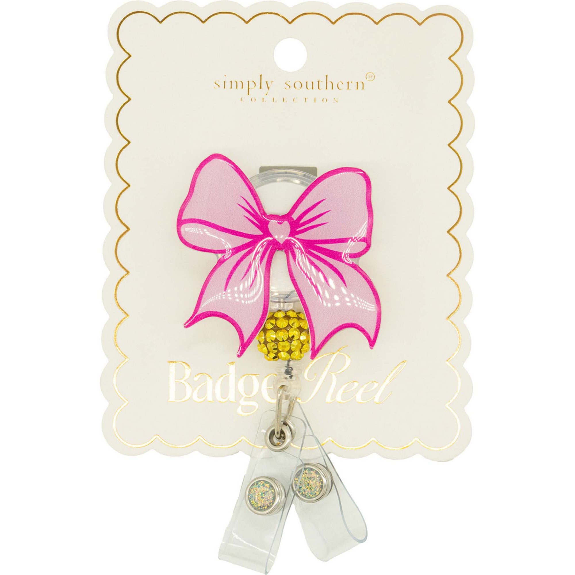 Simply Southern badge reel with bow design and sparkling bead accent on backing card.