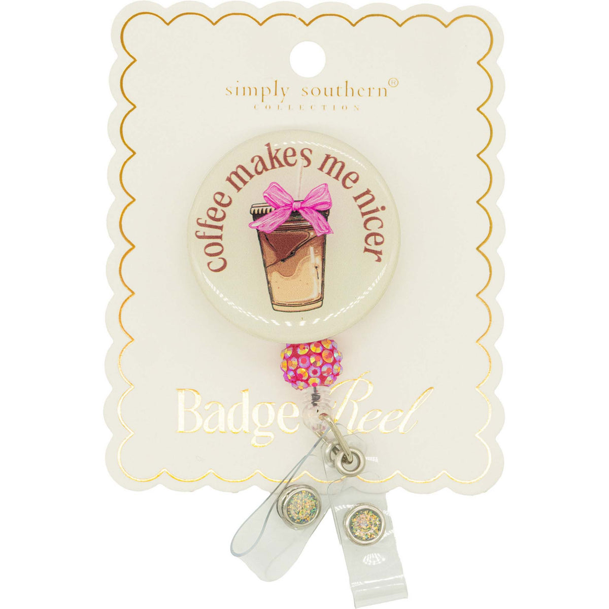 Simply Southern badge reel with coffee-themed design and sparkling bead accent on backing card.