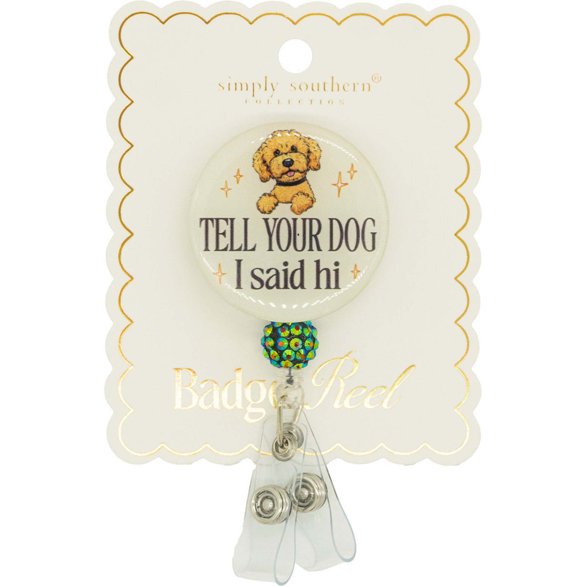 Simply Southern badge reel with dog-themed design and sparkling bead accent on backing card.
