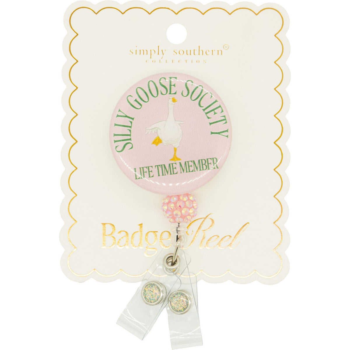 Simply Southern badge reel with round graphic design and sparkling bead accent on backing card.