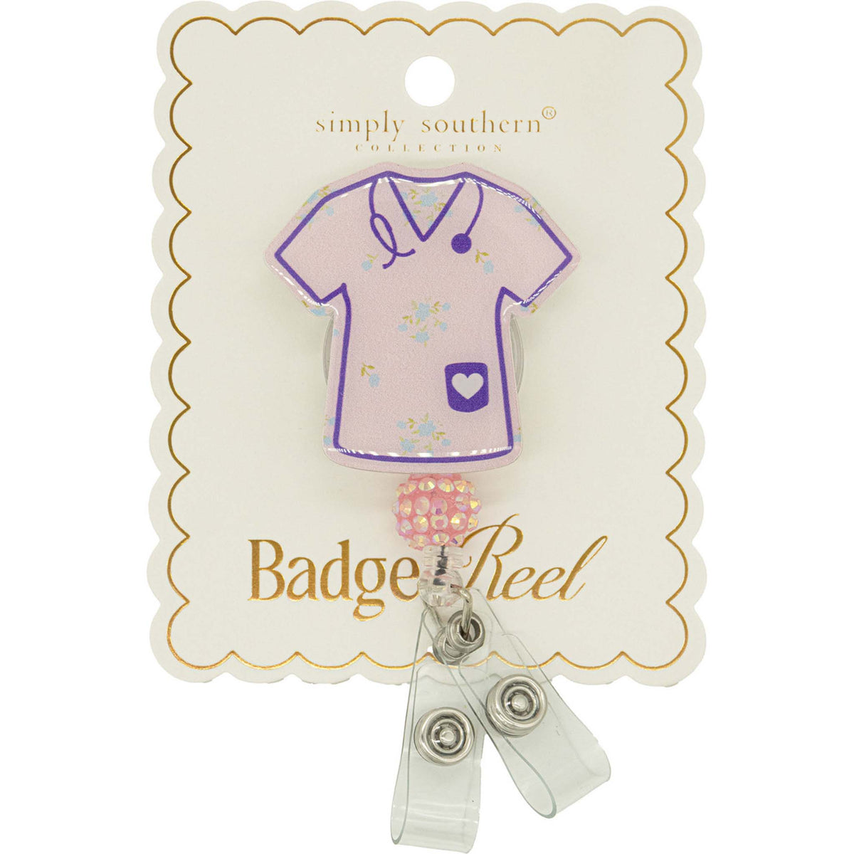Simply Southern badge reel with scrub top design and sparkling bead accent on backing card.