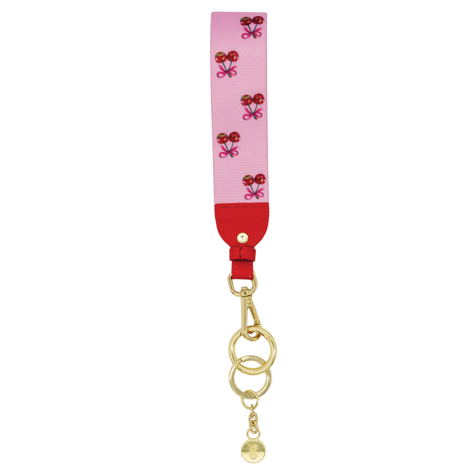 Simply Southern cherry key fob with pink strap featuring embroidered cherry clusters and gold key ring hardware.