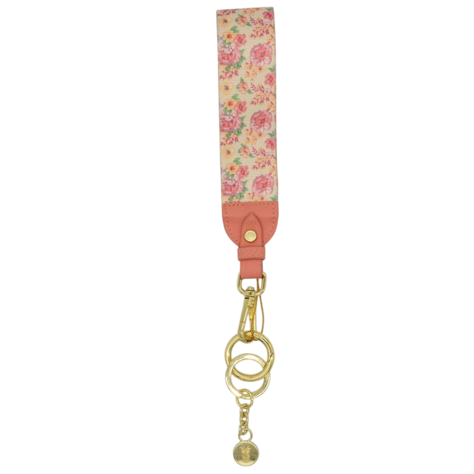 Simply Southern floral key fob with peach strap and pink flower pattern, finished with gold key ring hardware.