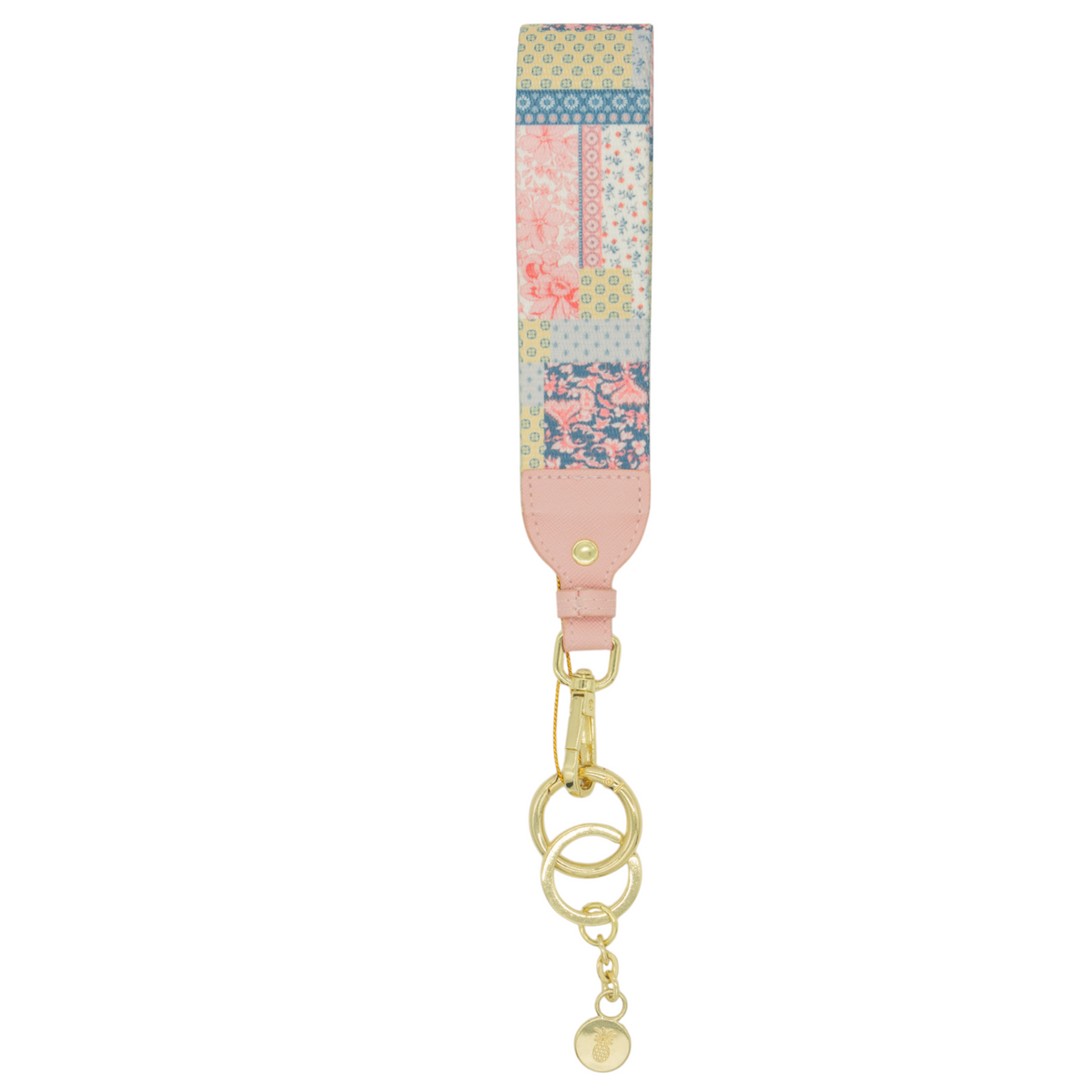 Simply Southern quilt patch key fob with multicolor patchwork strap and gold key ring hardware.