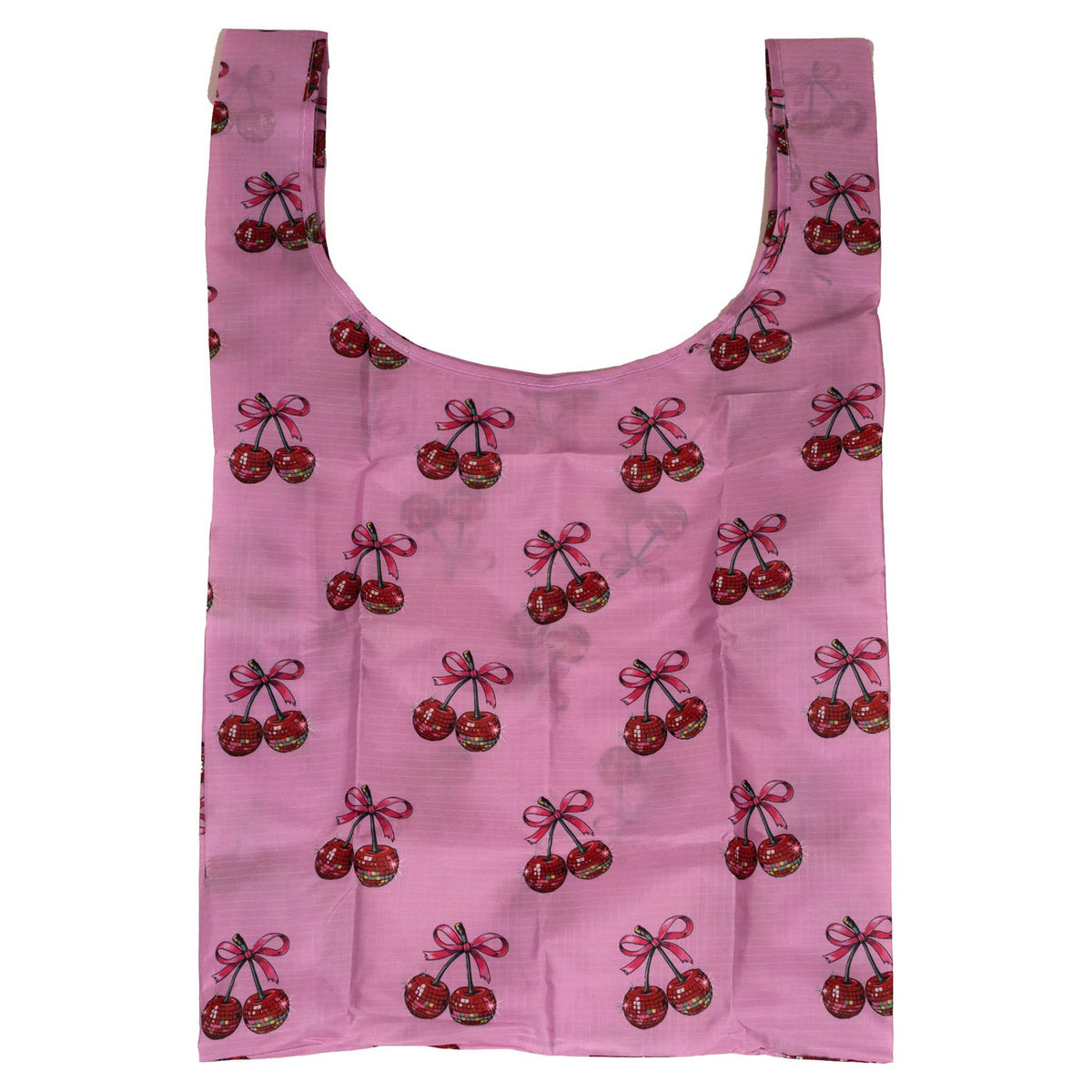 Simply Southern Large Market Tote in pink background with repeating red cherry and bow pattern, laid flat to show full design.