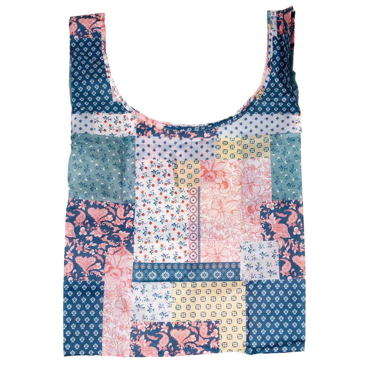 Simply Southern Large Market Tote in multicolor quilt patchwork pattern with floral and geometric prints, laid flat to show full design.