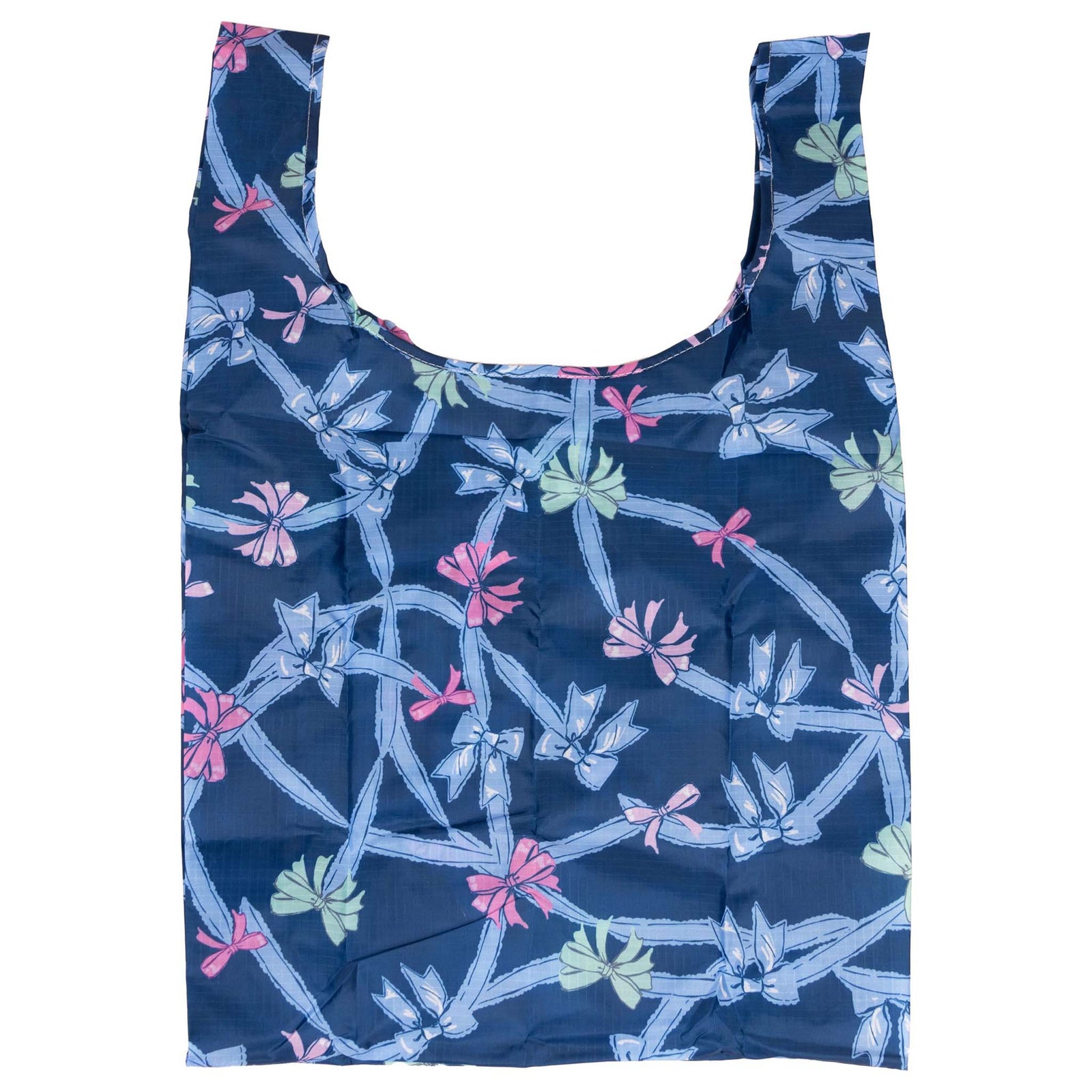 Simply Southern Large Market Tote in navy ribbon print with pink, green, and blue bow accents, laid flat to show full pattern