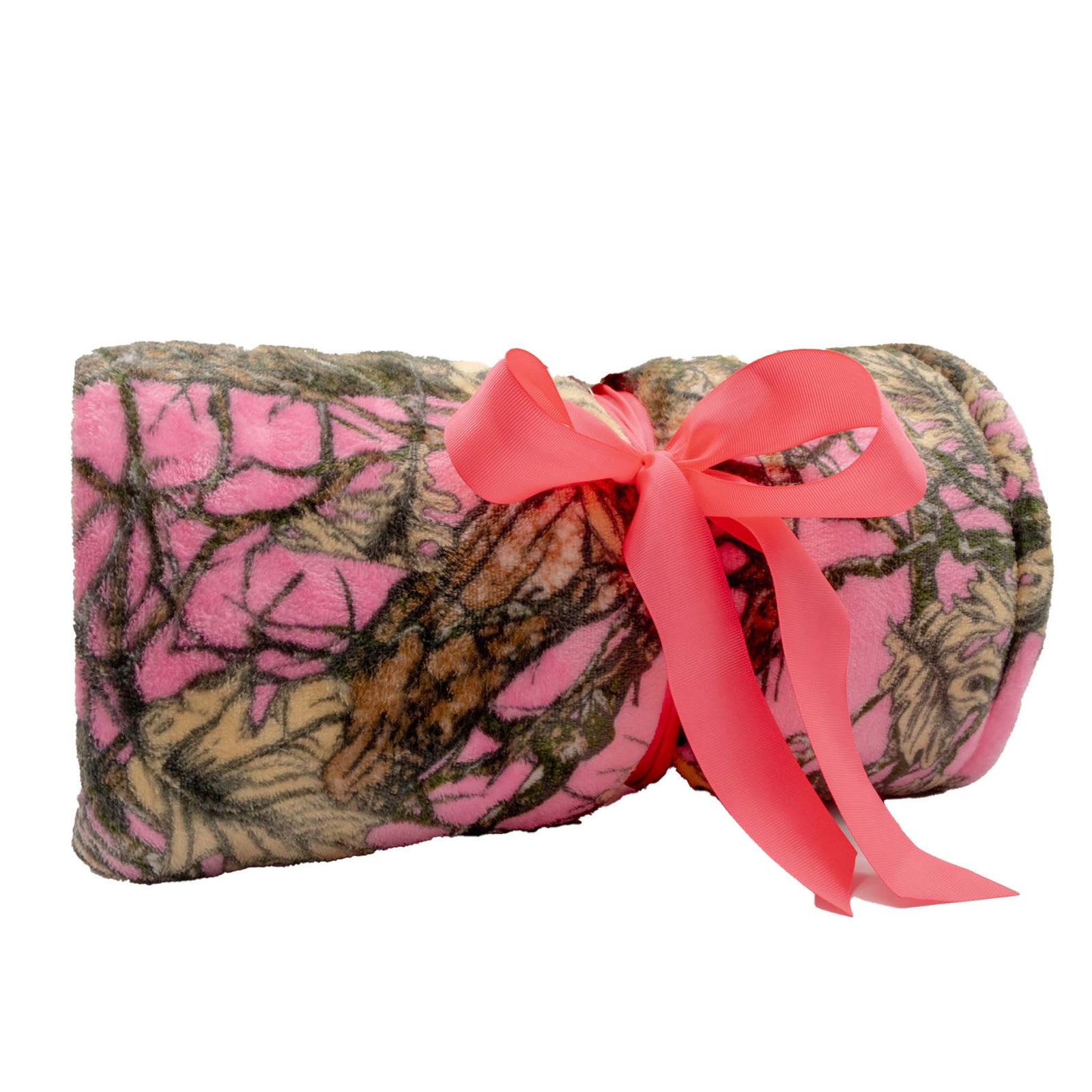 Roll of pink and green camouflage fabric with a pink ribbon on a white background
