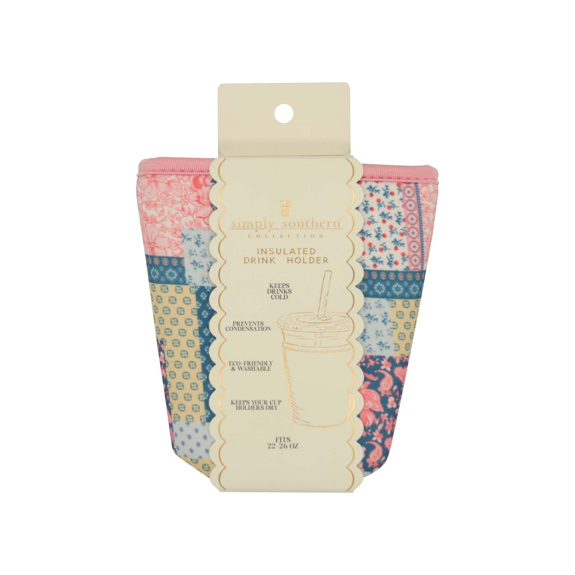 Simply Southern insulated drink sleeve in quilt patch pattern with pink, blue, and yellow floral design, fits 22–26 oz cups.