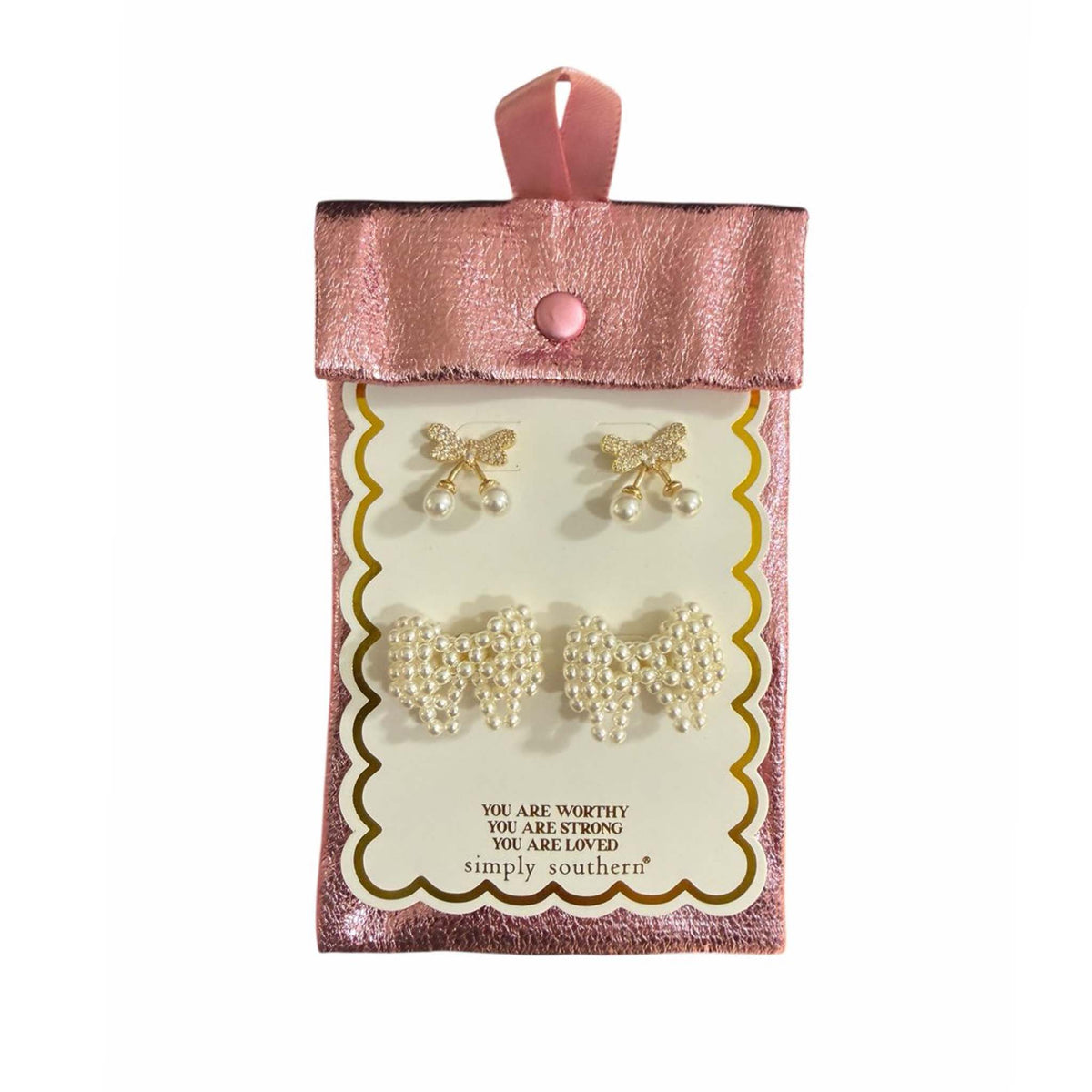 Simply southern Pearl Bow and Cherries Gold Earring Set