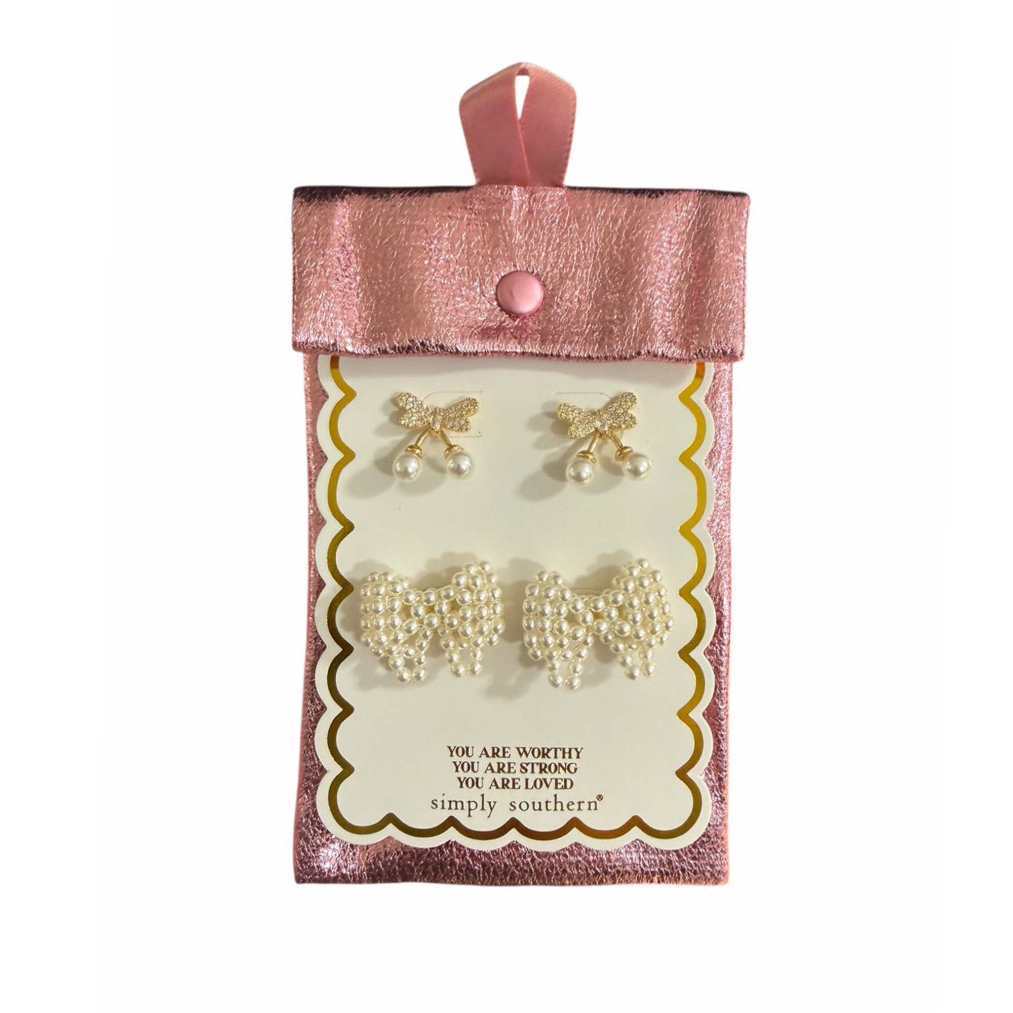 Simply southern Pearl Bow and Cherries Gold Earring Set