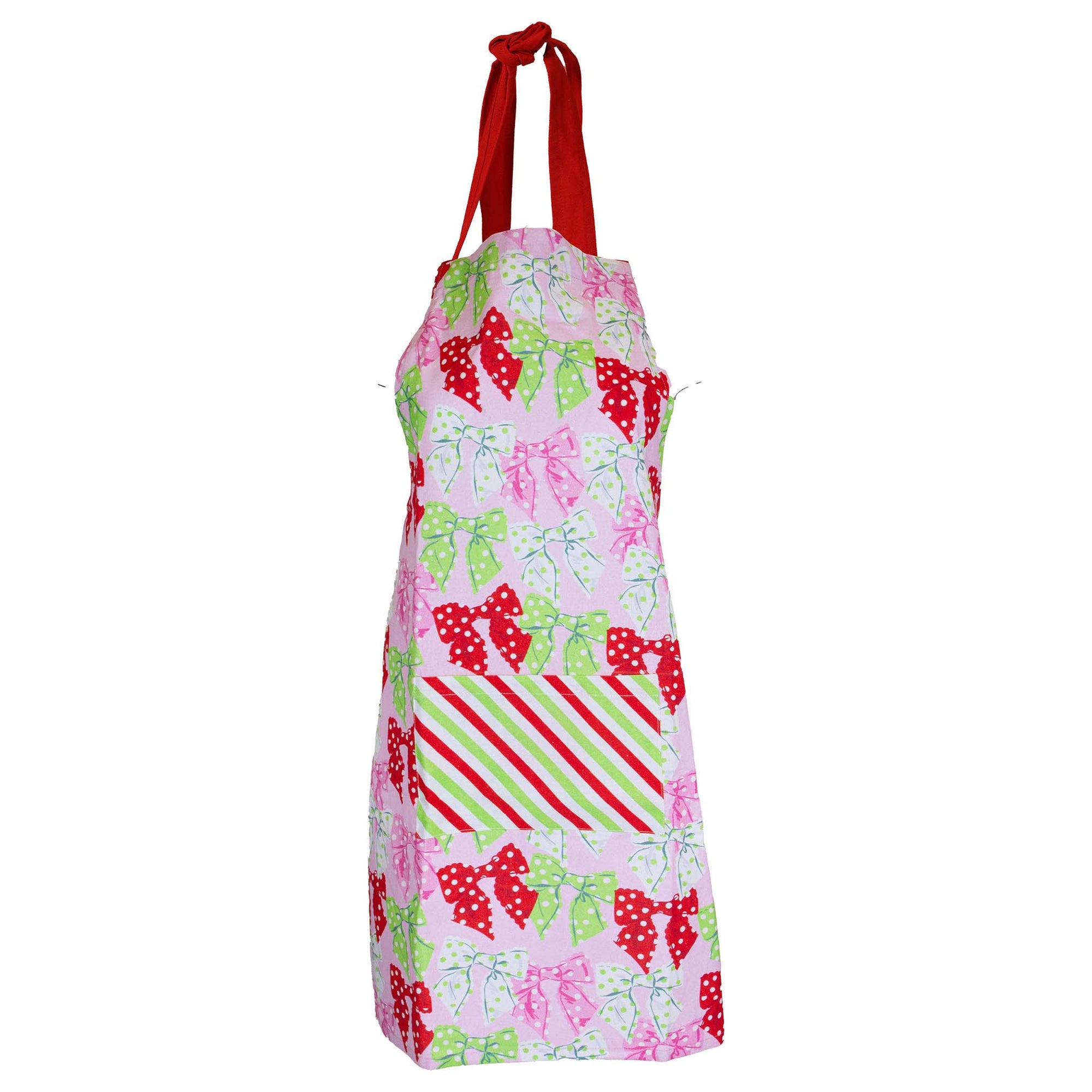 Simply Southern Christmas apron with pink background, red, green, and pink bow print, red neck tie, and striped red-and-green front pocket.