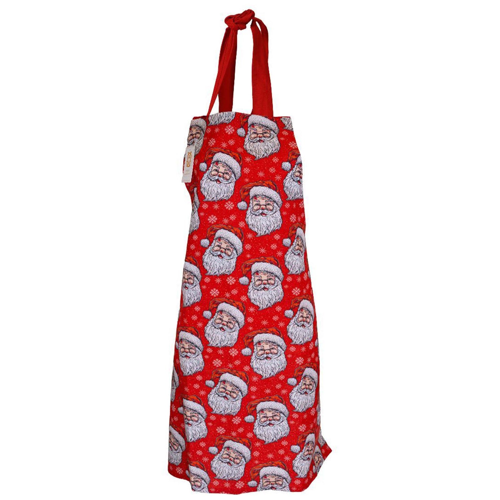 Simply Southern red Christmas apron with allover Santa Claus and snowflake print, red neck tie.