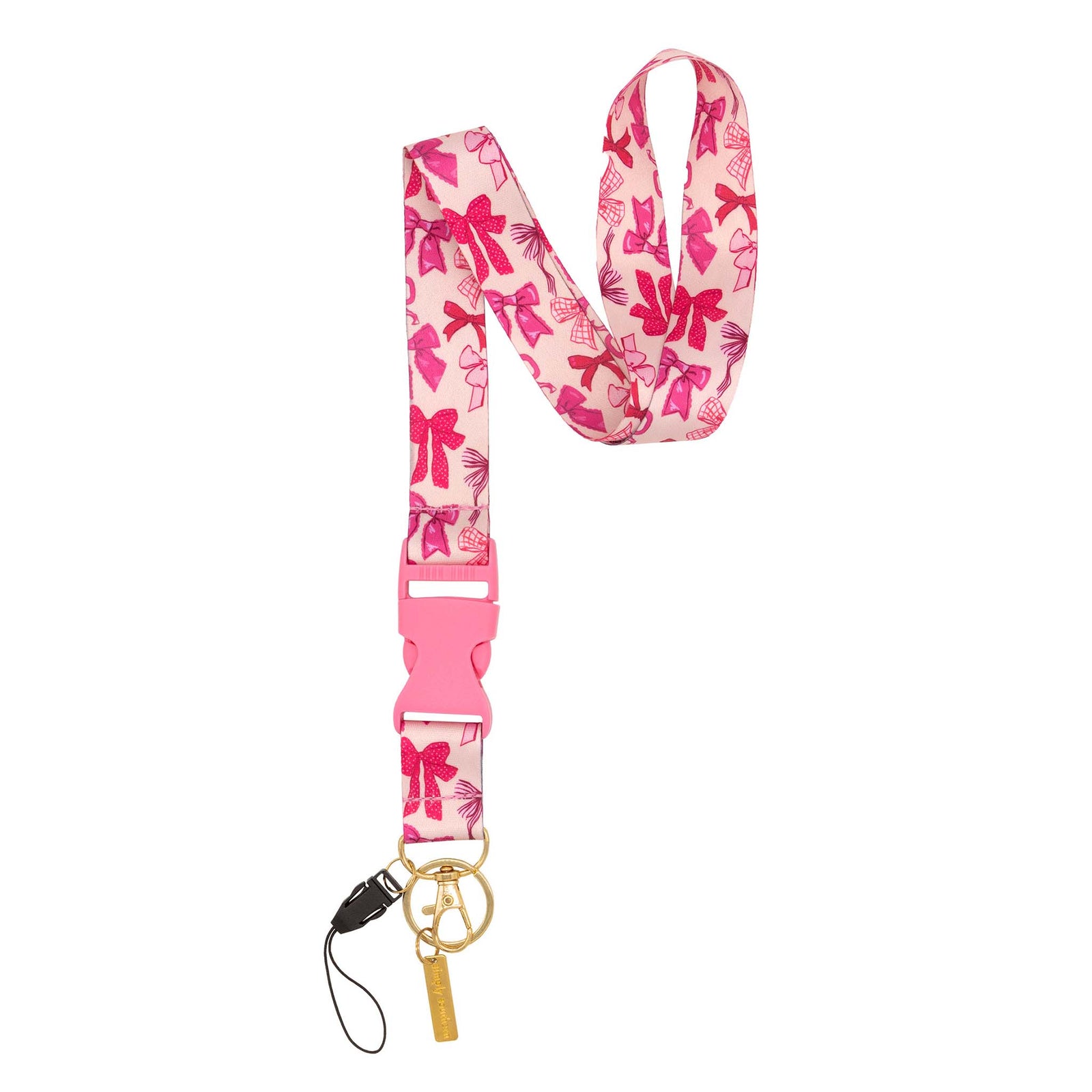 Simply Southern pink lanyard with red and pink bow print, gold keyring, and pink buckle clip.