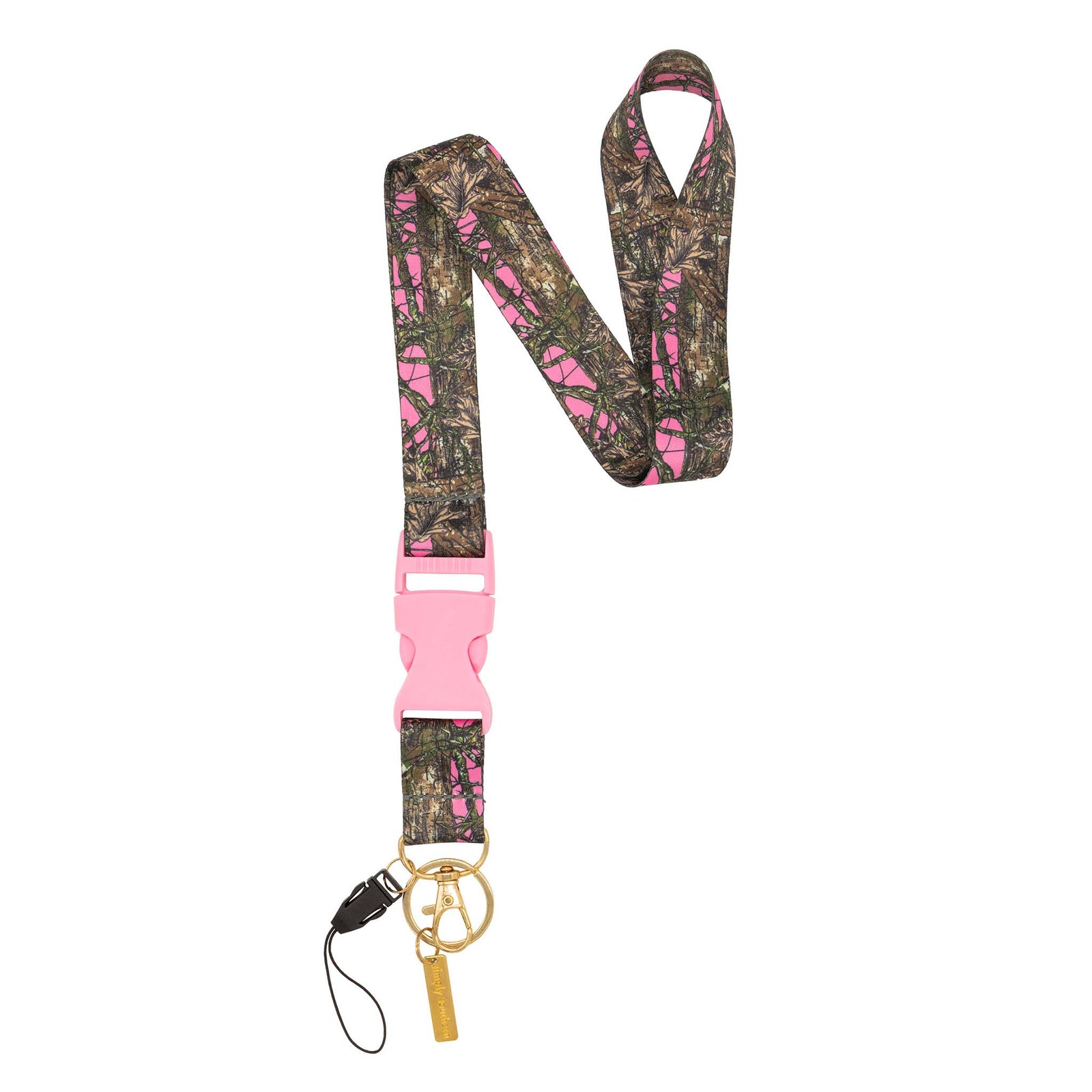 Simply Southern camo print lanyard with pink accents, gold keyring, and pink buckle clip.