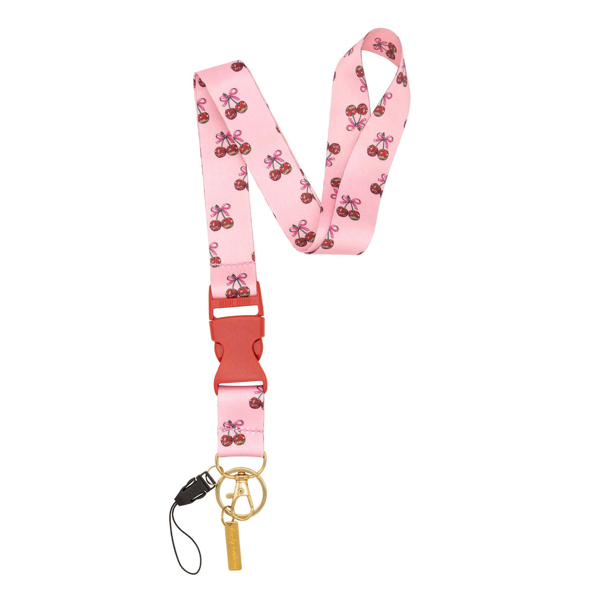 Simply Southern pink lanyard with cherry and bow print, red breakaway buckle, and gold keyring.