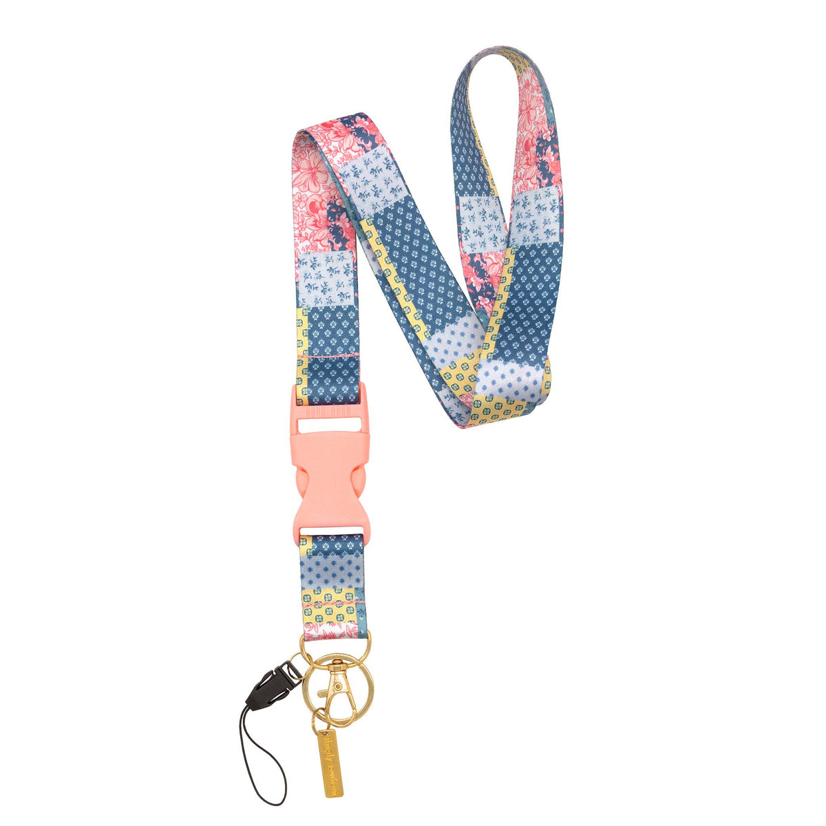 Simply Southern quilt patch lanyard with multicolor patchwork design, peach buckle, and gold keyring.
