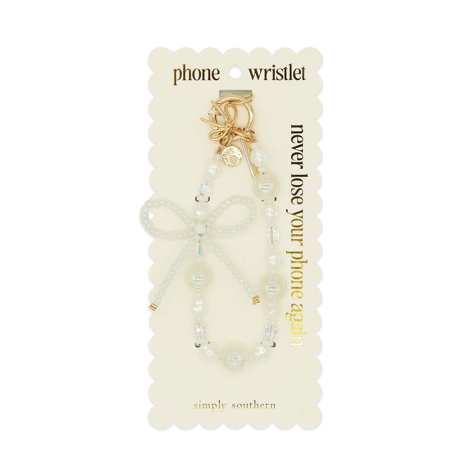 Simply Southern beaded phone wristlet with pearl beads and bow detail on display card.