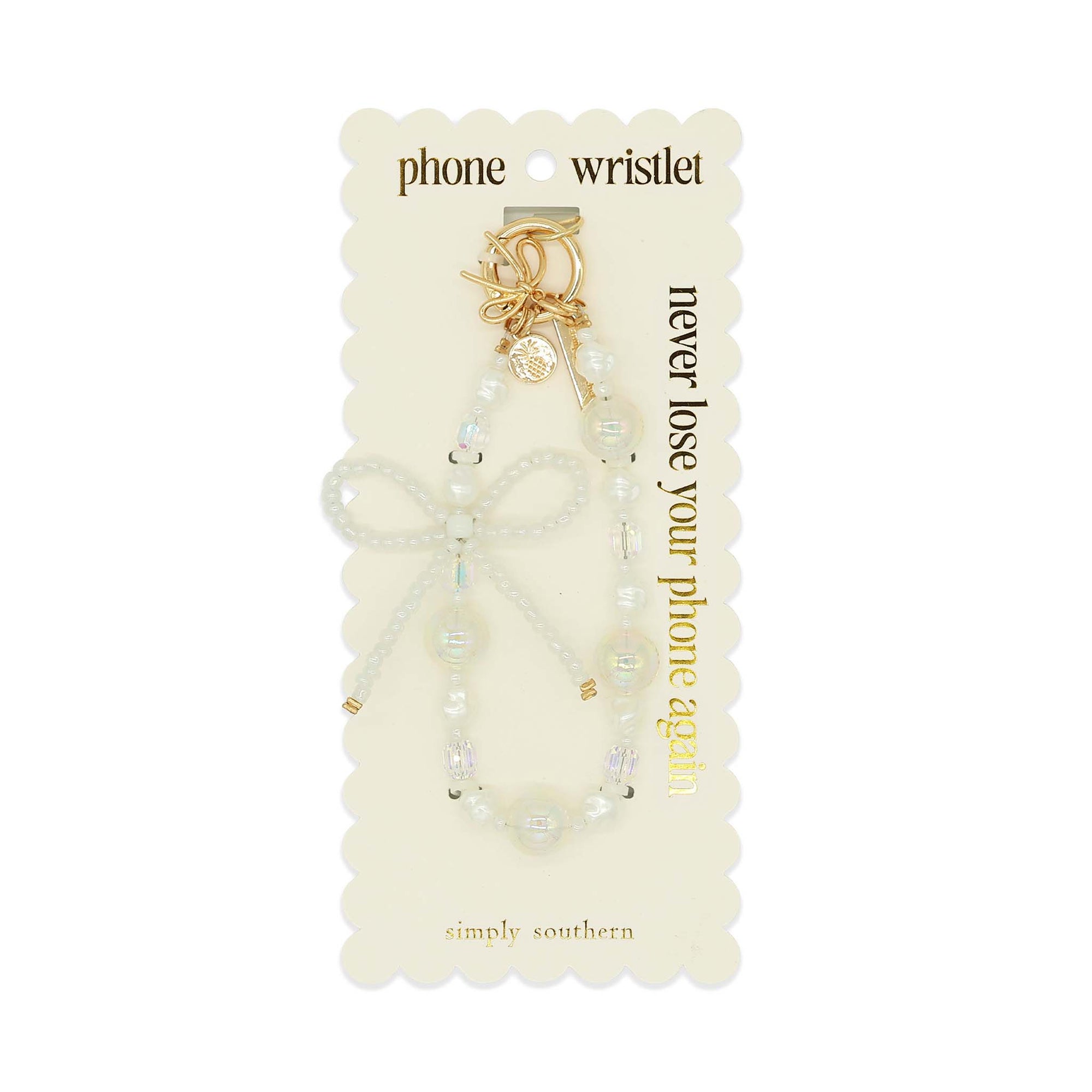 Simply Southern beaded phone wristlet with pearl beads and bow detail on display card.