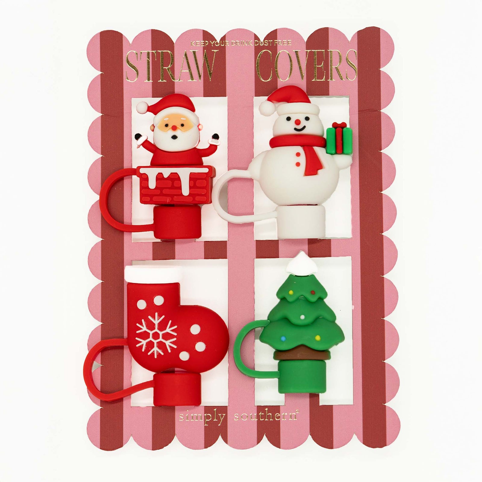 Simply Southern Christmas Straw Cover Set featuring four silicone toppers shaped like Santa, snowman, red stocking, and Christmas tree displayed on red and pink striped packaging.