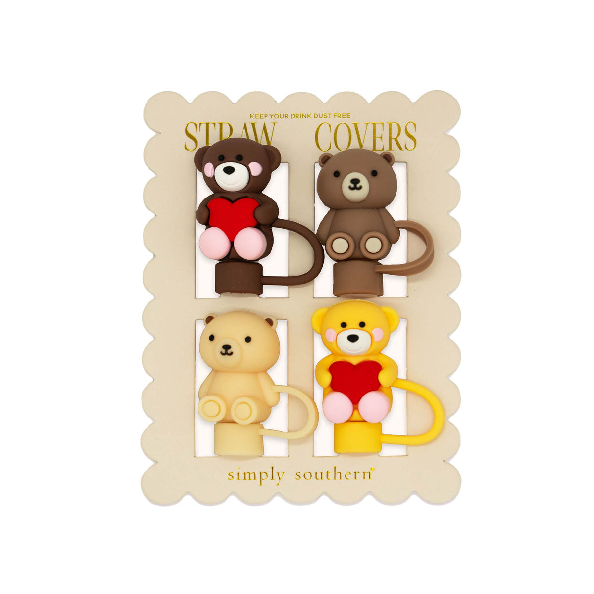 Simply Southern bear straw topper set with four silicone covers featuring cute bear designs, some holding red hearts, on display card.