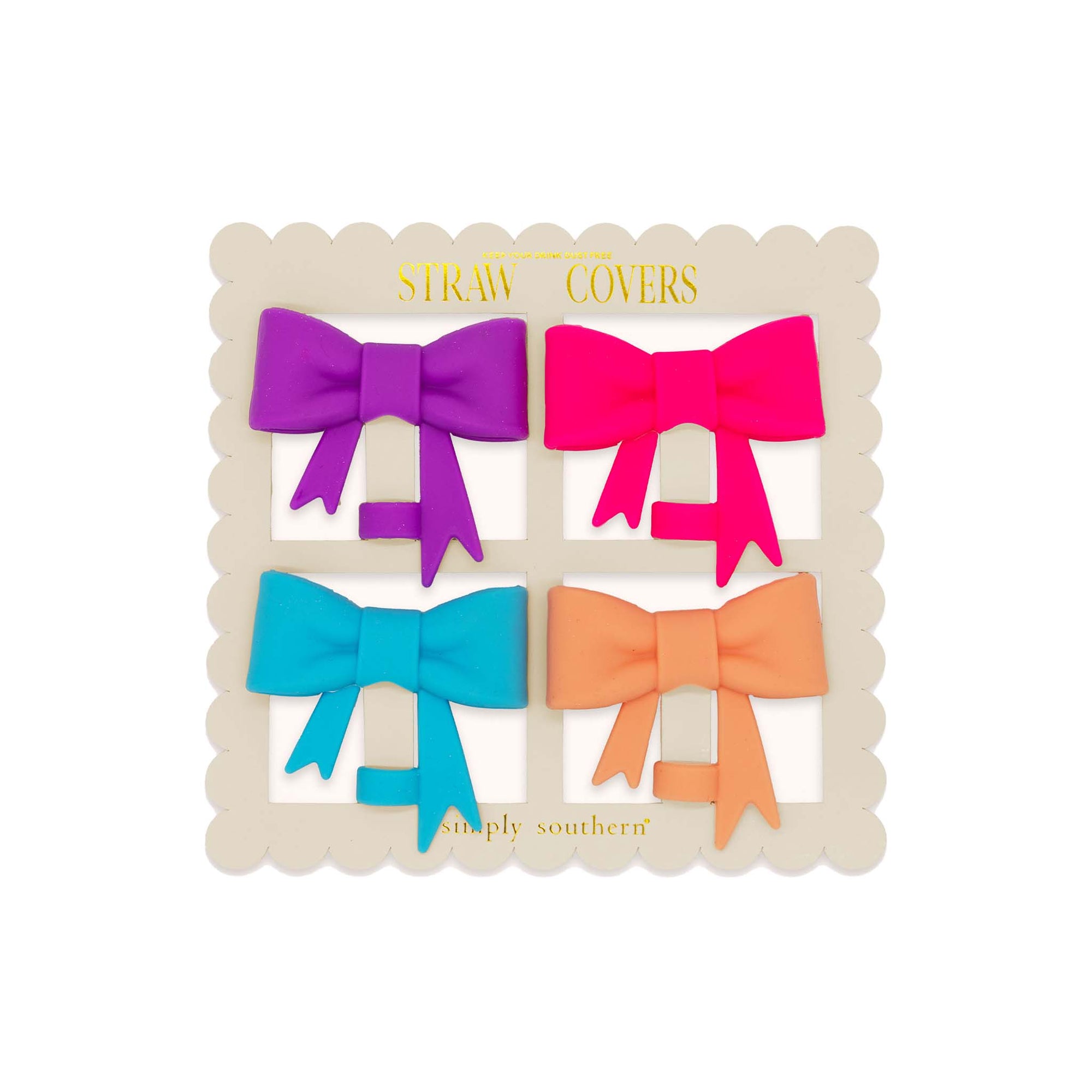 Simply Southern bow straw topper set with four silicone covers in purple, hot pink, turquoise, and peach displayed on card.