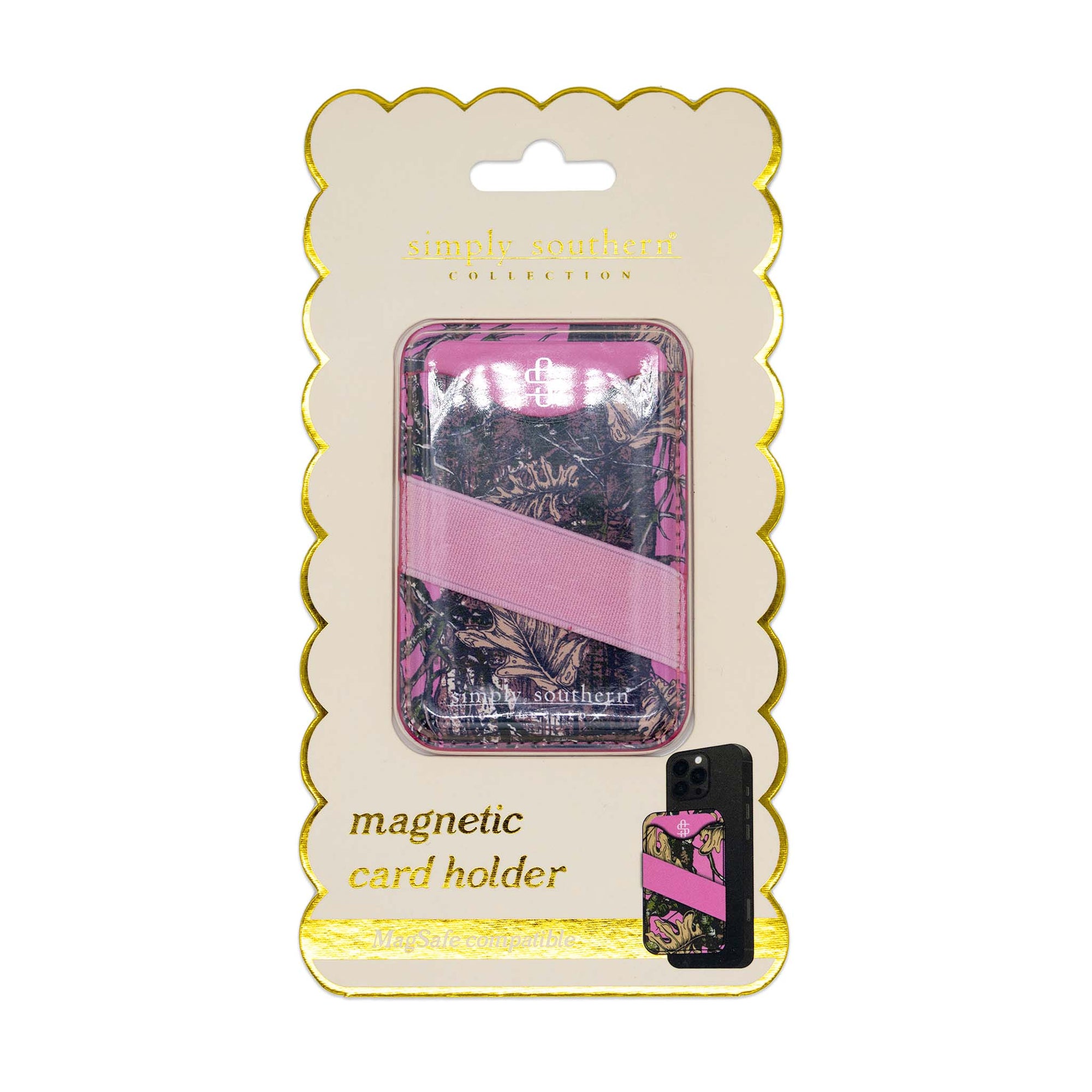 Simply Southern magnetic card holder in pink camouflage print with light pink elastic strap, packaged on display card.