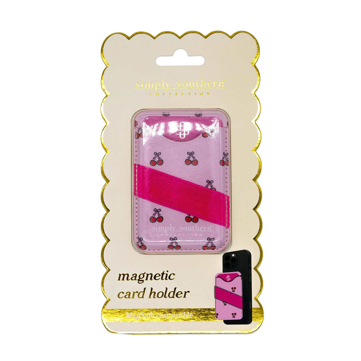 Simply Southern magnetic card holder in light pink with red cherry print and hot pink elastic strap, packaged on display card.