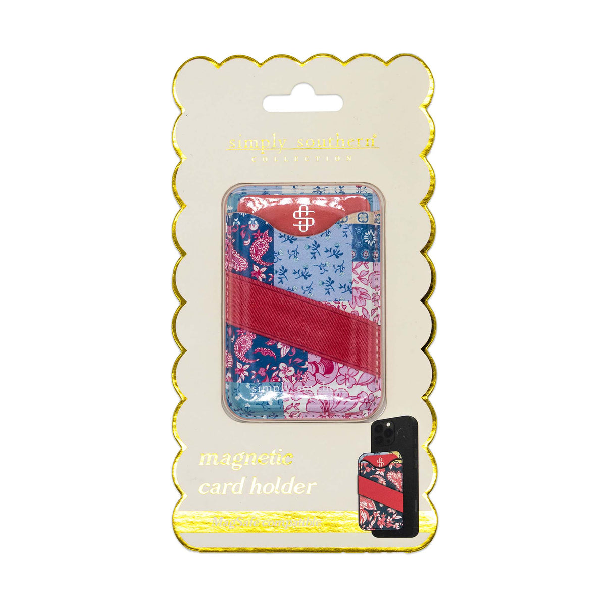 Simply Southern magnetic card holder with red, blue, and pink quilt patchwork print and pink elastic strap, packaged on display card.