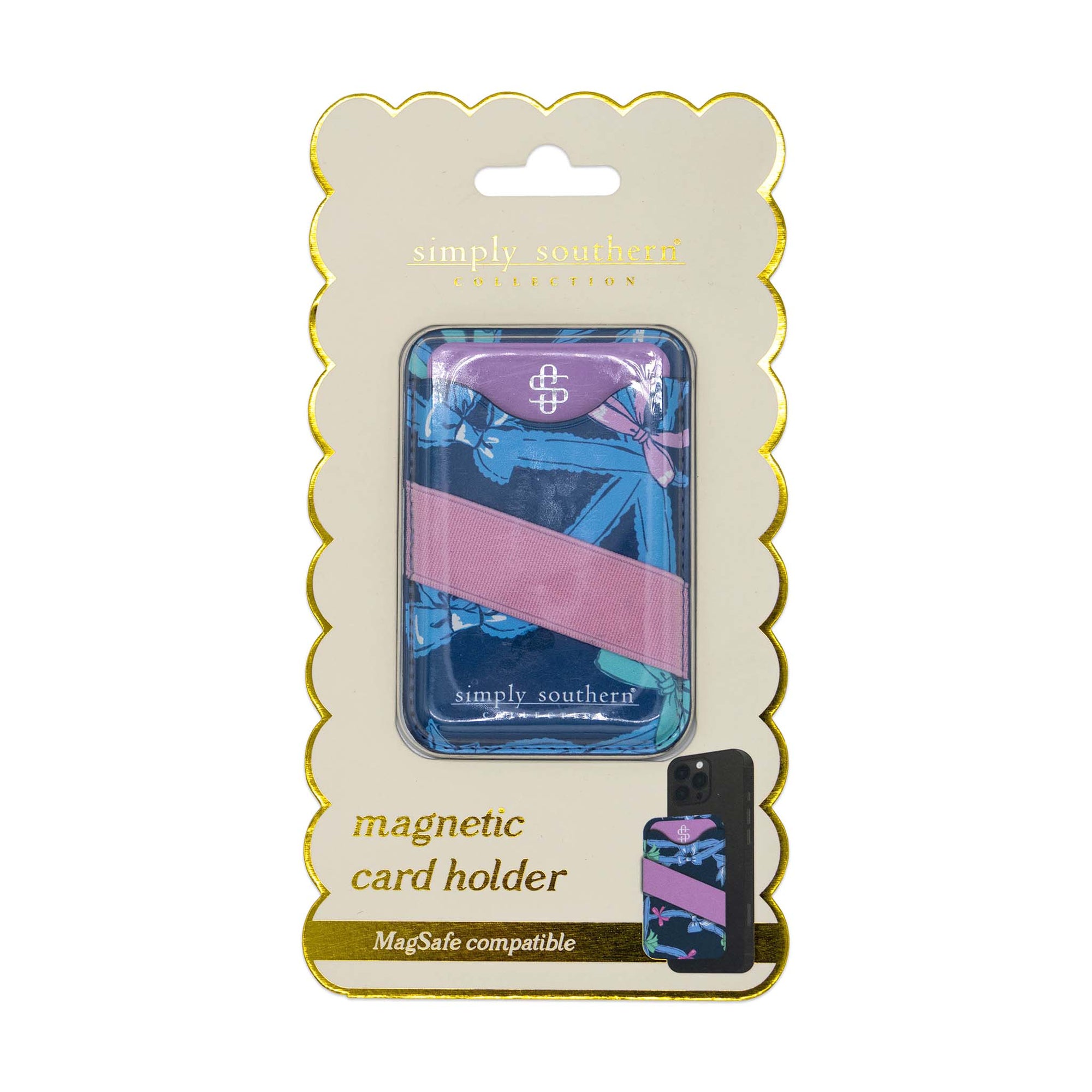 Simply Southern magnetic card holder with navy and pastel ribbon print and light pink elastic strap, packaged on display card.