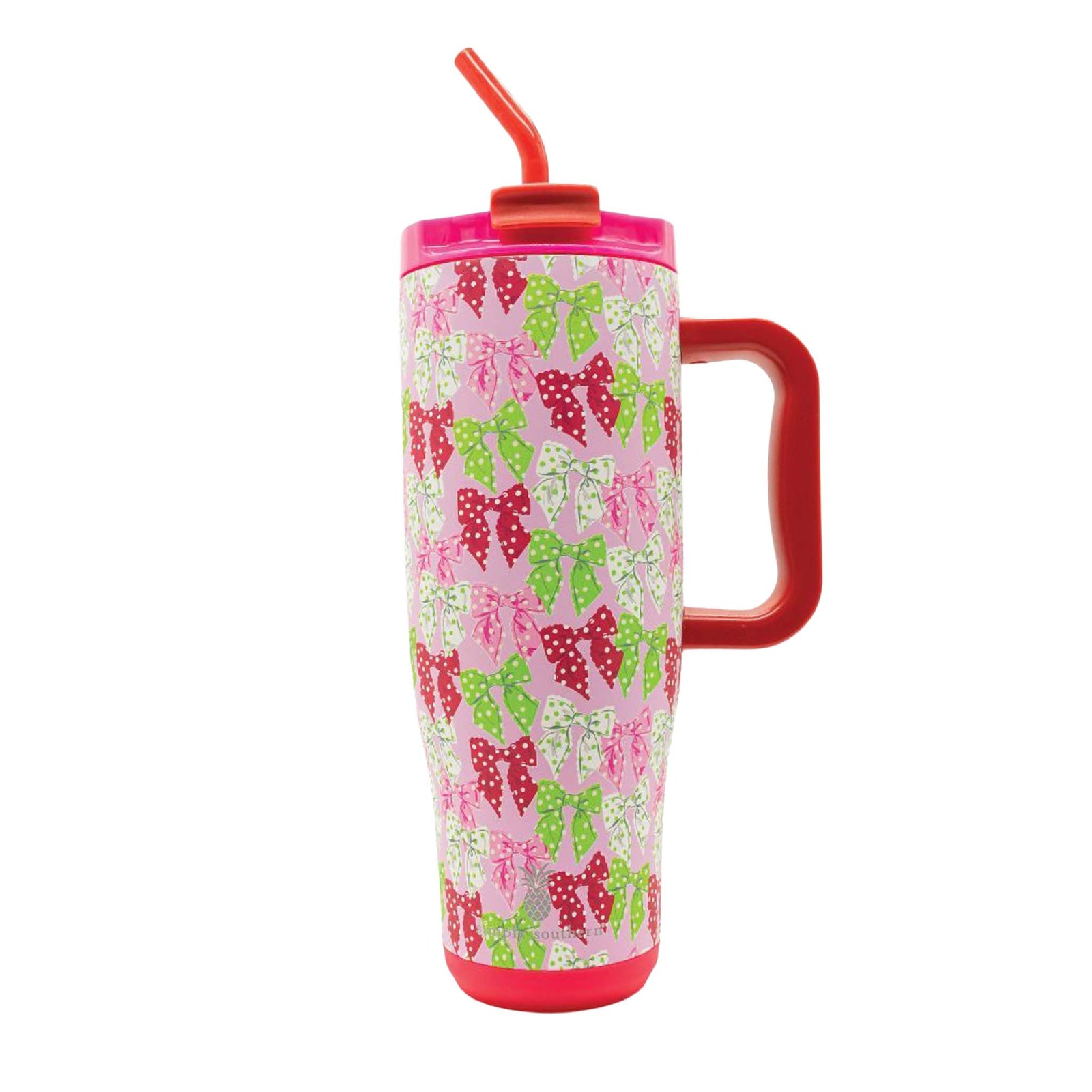 Simply Southern 40oz tumbler with red handle and lid, featuring pink background with red and green polka dot bows.