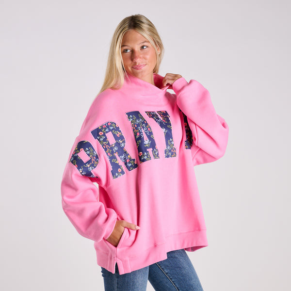 Pray Big Patchwork Letter Mock Neck Sweatshirt